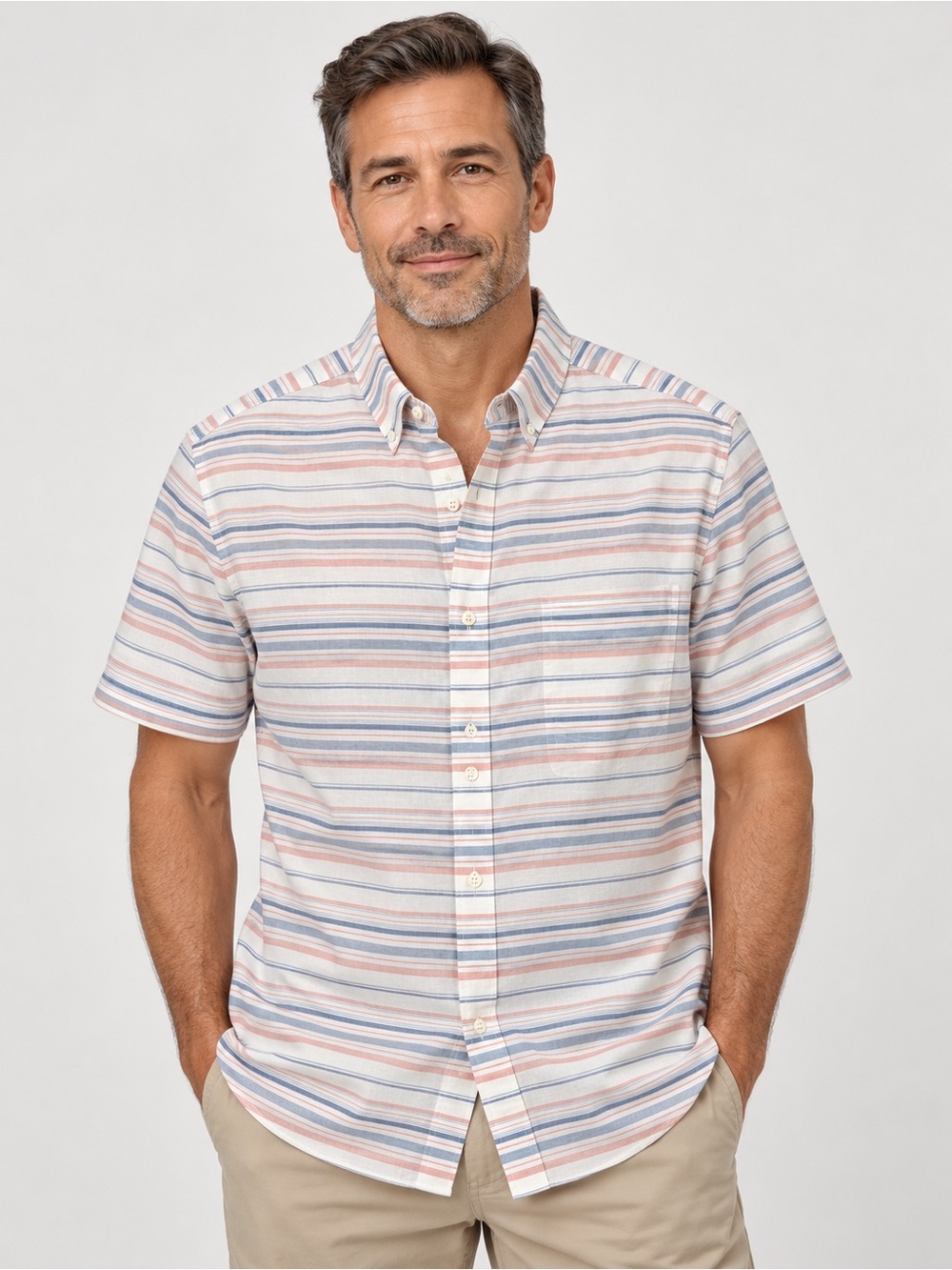 Nautica Men’s Large Linen Cotton Short Sleeve Striped Button Down Shirt L